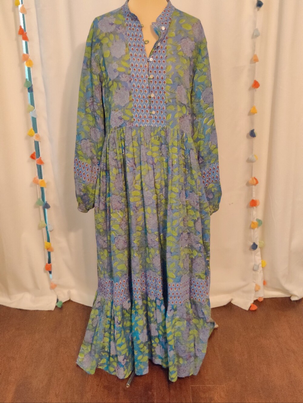 Dreamy India Cotton Gauze Color Block Maxi Dress Floral Geometric Tiered Pockets
